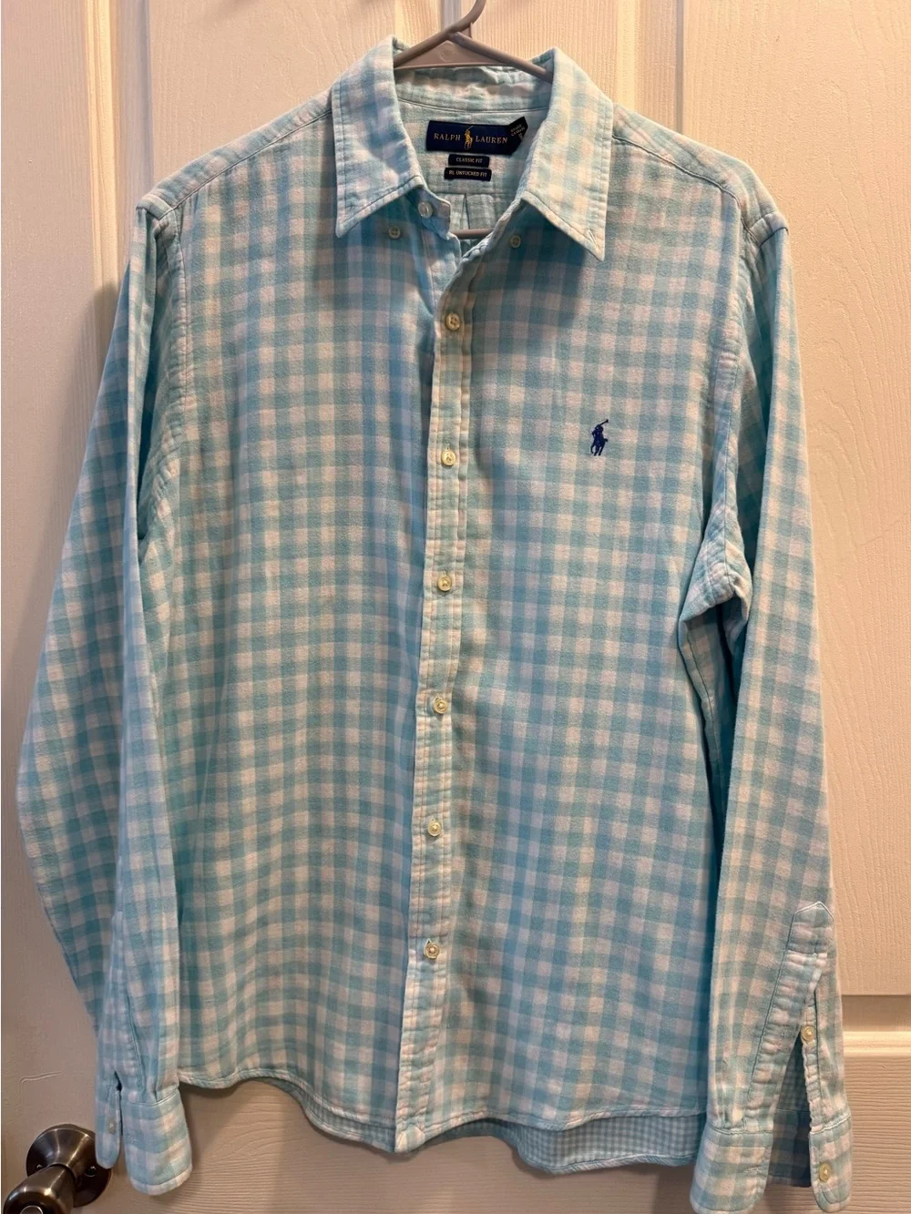 Polo Ralph Lauren Men's Light Blue and White Gingham Checked Button-Down Shirt